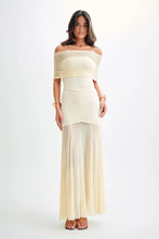 Load image into Gallery viewer, CASPAIN SLINKY AND MESH OFF THE SHOULDER MAXI - IVORY
